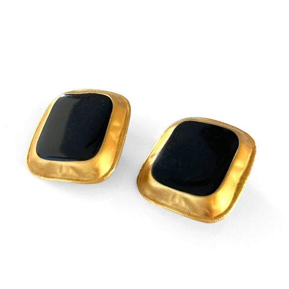 Vintage Anne Klein Couture Matte Gold Black Enamel Earrings - Picture 2 of 6